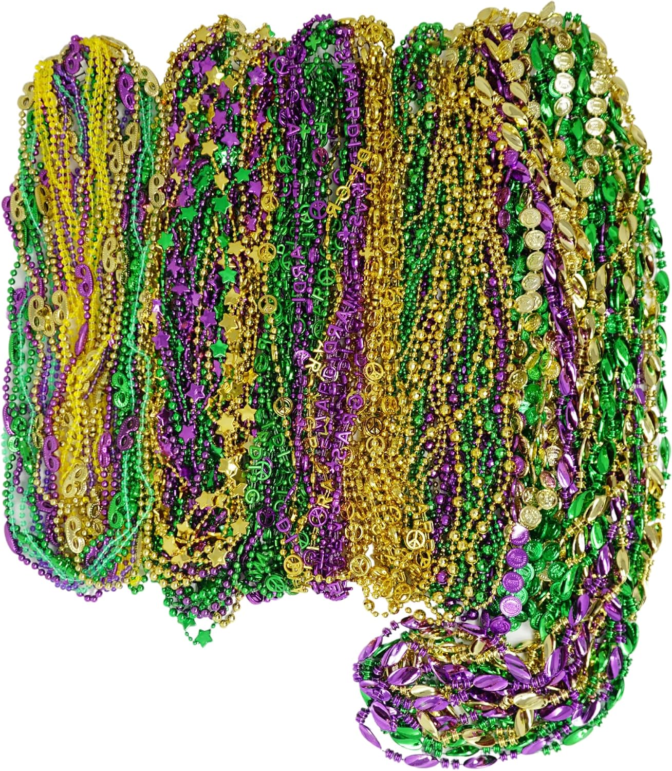 Bead Assortment Mardi Gras Beads Bulk (100 Pcs) Metallic Purple Gold Green Assorted Designs, Masquerade Costume Party Favors Supplies Decorations, Mardi Gras Outfit Accessories for Adult Men Women