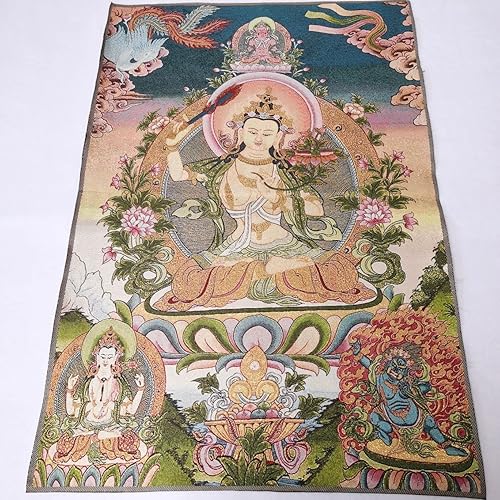 Tela tibetana de seda de 36 pulgadas, bordado tibetano, budismo de seda, manjusri, bodhisattva, fénix, tangka, thangka, fengshui, para colgar en la