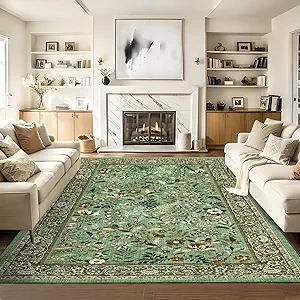 GarveeHome Green Living Room Rug 5x7 Washable Floral Area Rugs for Bedroom Low Pile Non Slip Floor Cover Indoor Soft Non-Shedding Farmhouse Retro Throw Carpet for Dining Room Home Office Nursery Dorm