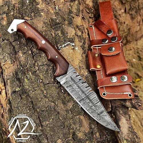 Miniatura 7 de ZE-HK-55 Cuchillo de caza de Damasco hecho a mano con funda de cuero para desollar al aire libre Camping Cuchillo Bowie de hoja fija con vaina,