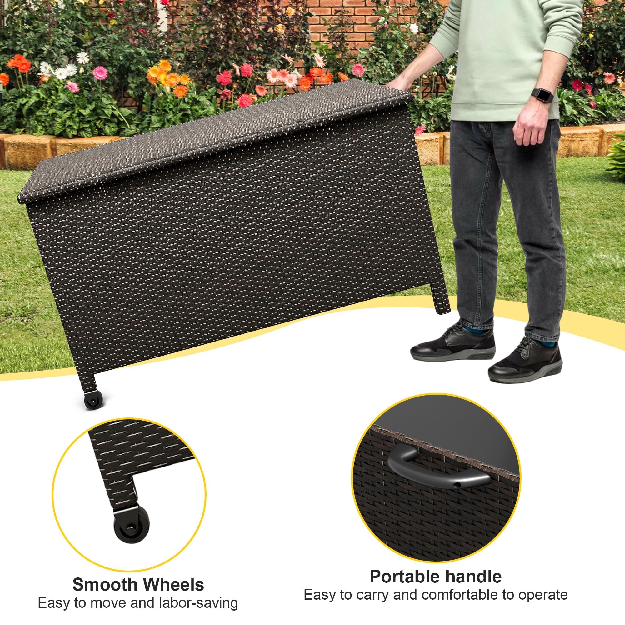 Garvee Grand Coffre De Rangement Extérieur 125 Gallons (473 l) Sur Roulettes, Résine Tressée Imperméable, Poignées Robustes, Idéal Pour Jardin, Terrasse, Piscine Et Balcon