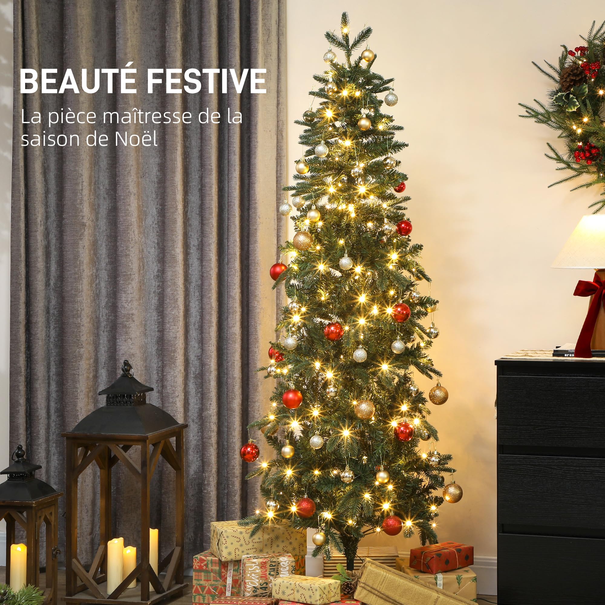 HOMCOM Sapin de Noël Artificiel 180 cm Arbre de Noël Slim 200 Lumières Vert | Blanches Chaudes, 8 Modes d'Éclairage, 605 Pointes de Branche Articulée, Support en Métal, Plastique Ignifuge