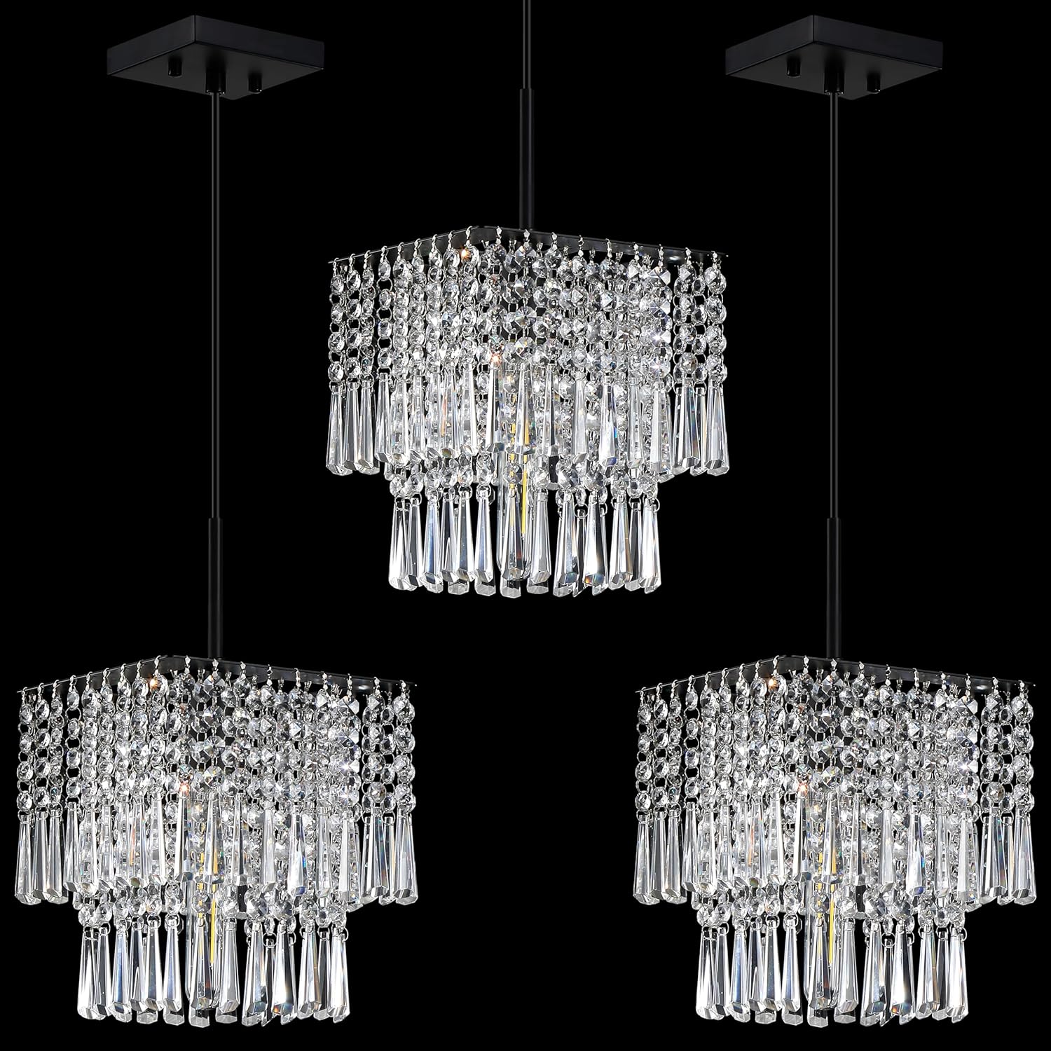 3 Pack 1 Light Hanging Modern Kitchen Island Square 8" Crystal Shade Pendant Light Fixture,Black Finish for Bar,Dining Room,Corridor,Living Room Over Sink