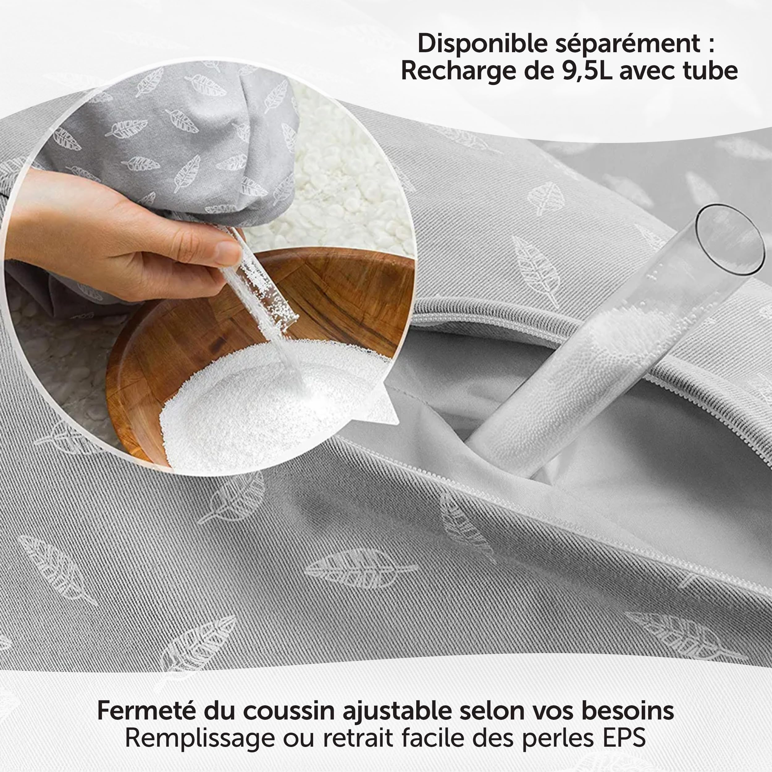 Theraline Coussin d'allaitement et Grossesse 190 cm – Microbilles silencieuses, Housse Amovible 100% Coton sans substances nocives – Leaves, Gris