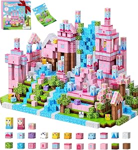 PINKCAT Toys for Girl Kids: Magnetic Blocks 200PCS STEM Building Cubes Toy -Creative Educational Sensory Toys for 3 4 5+ Year Old Girls Boys Toddlers Gifts, Pink Castle Magnet Tiles