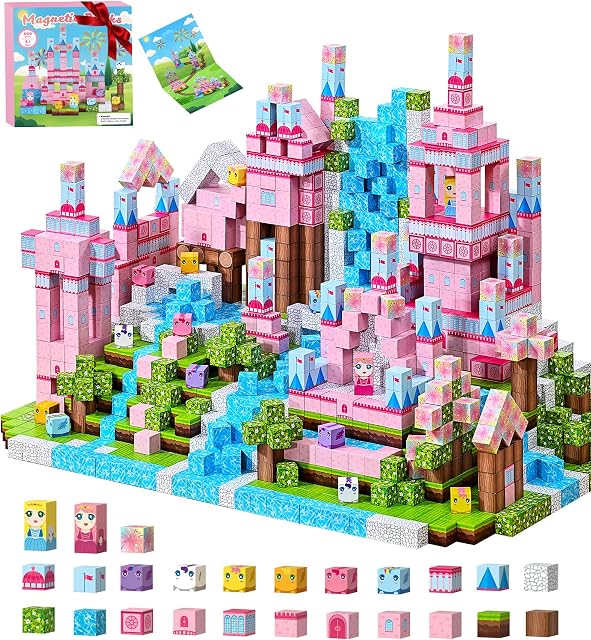 PINKCAT Toys for Girl Kids: Magnetic Blocks 200PCS STEM Building Cubes Toy -Creative Educational Sensory Toys for 3 4 5+ Year Old Girls Boys Toddlers Gifts, Pink Castle Magnet Tiles
