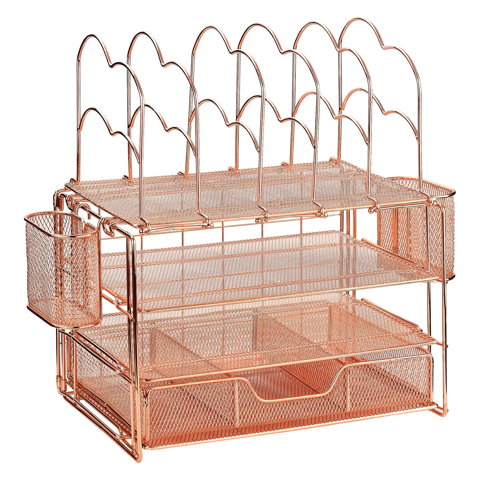 Organizer da Scrivania in Metallo, Organizzatore di File da Scrivania in Rete a Strati con 5 Portadocumenti Verticali e 2 Portapenne, Organizer da Scrivania Multifunzione per Casa(Oro Rosa)