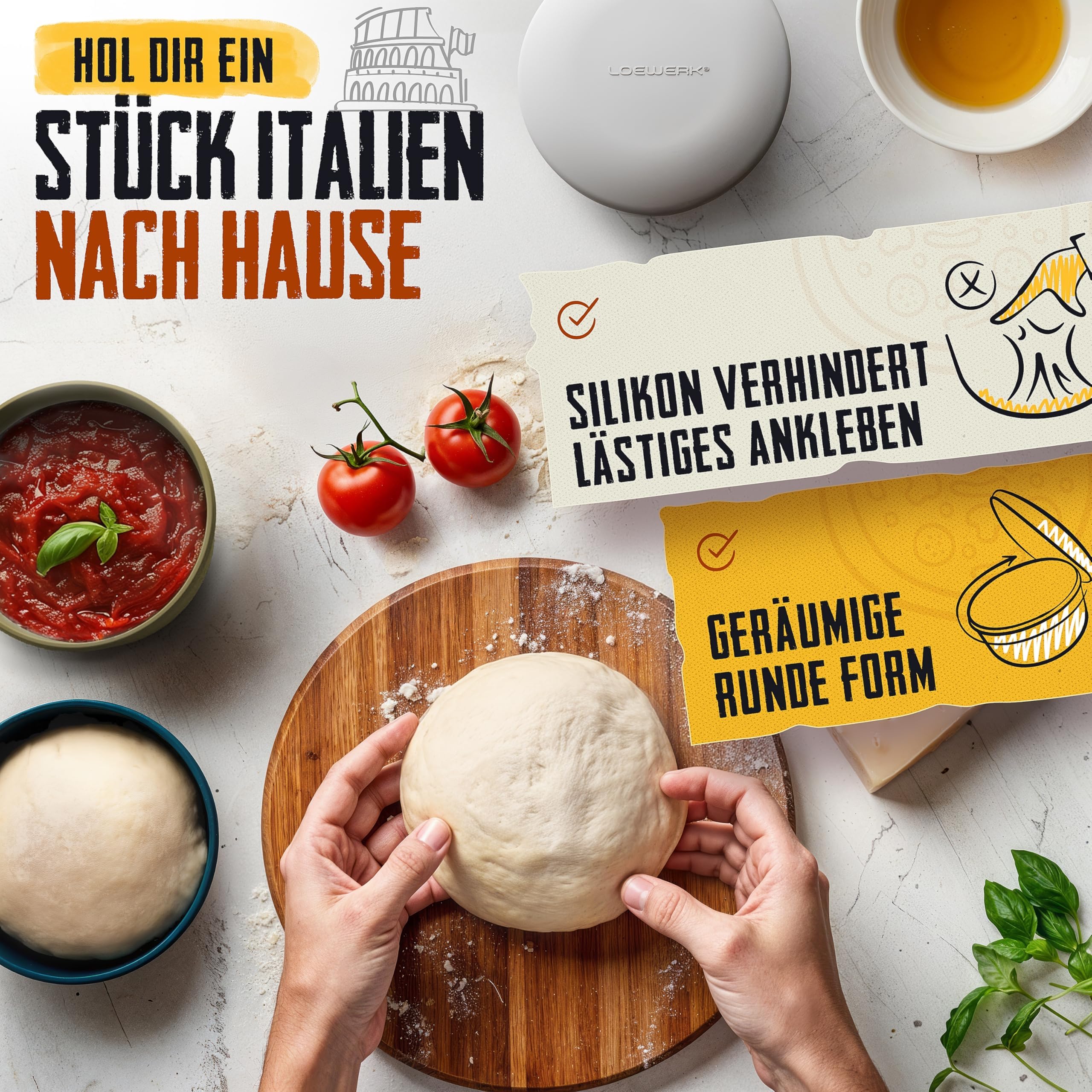 Pizzaballenbox mit Deckel – 4er Set – atmungsaktive Teigbox für perfekten Pizzateig - platzsparende Silikon Pizzateig Box mit Deckel, Pizza Box, Pizza Ballenbox, Gärbox – Grau