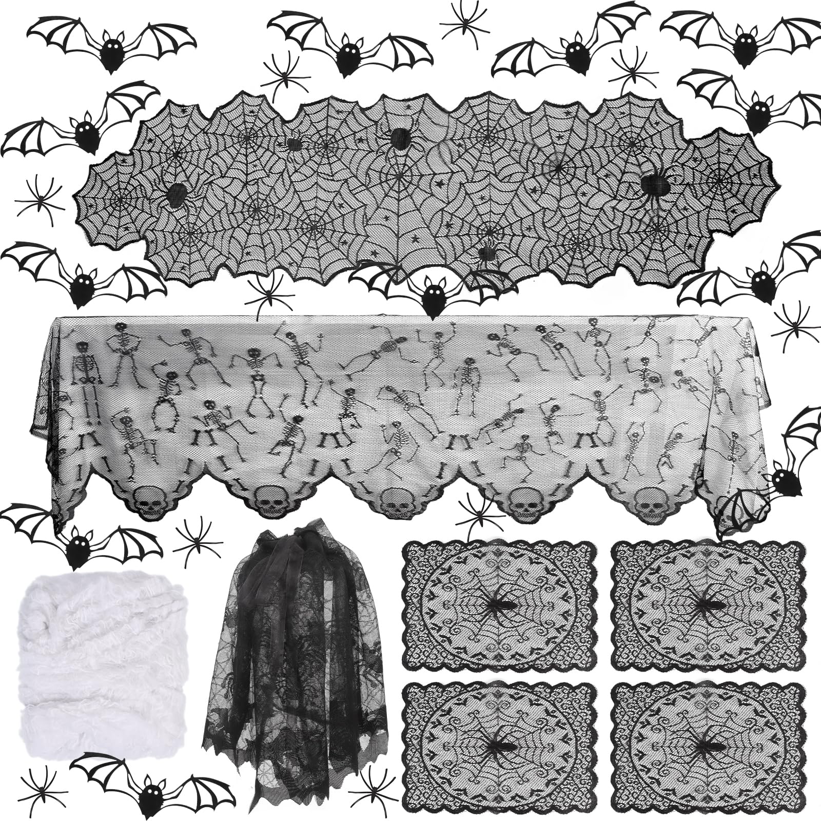 Halloween Tablecloth Halloween Fireplace Decoration Halloween Table Cover Black Lace Spider Cobweb Table Runner and Halloween Placemats Spider Lampshade for Halloween Party Decoration