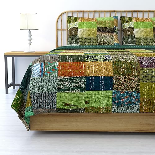 THE ART BOX Colcha de seda india King Kantha con 2 fundas de almohada, hecha a mano, de algodón, con puntada vintage, Gudri bohemia, manta de playa,