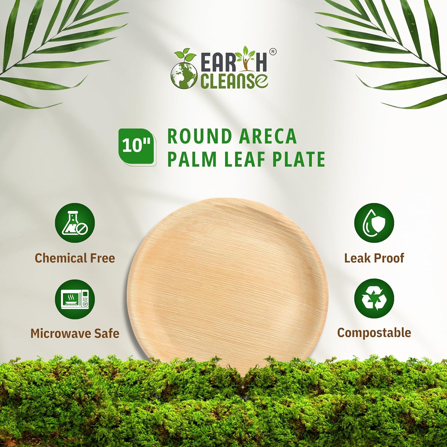 EARTH CLEANSE Compostable Palm Leaf Plates 10 Inch Round (100 Pack) | Disposable Biodegradable Plates Like Bamboo & Wooden | Microwave & Oven Safe | Eco-Friendly Dinnerware for Parties & Events
