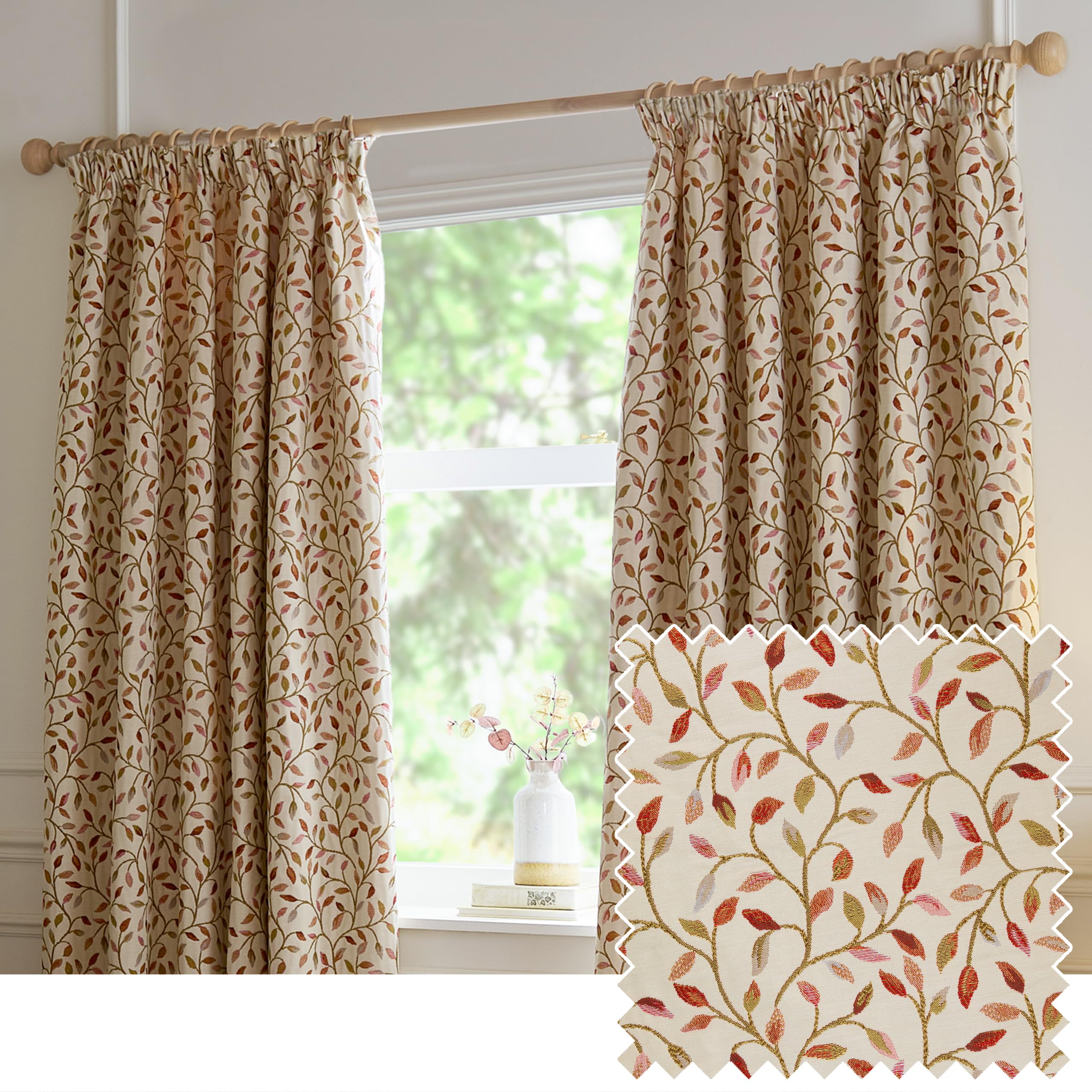 Voyage Maison Cervino Pencil Pleat Curtain Pair – Country Heritage Floral Leaf Woven Jacquard Lined Room Darkening Drapes (Rednut - 168x183cm)