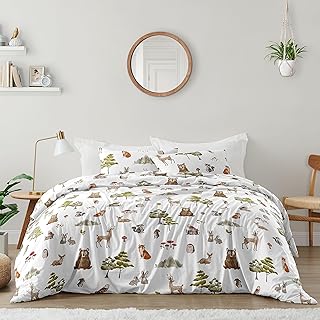 Sweet Jojo Designs Woodland Forest Animals Boy Girl Gender Neutral Unisex Queen Comforter Set Full Size Bedding Kids Teen Adult Bed Room 3pc Brown Bear Owl Animal Print Tree Deer Bunny Taupe Friends