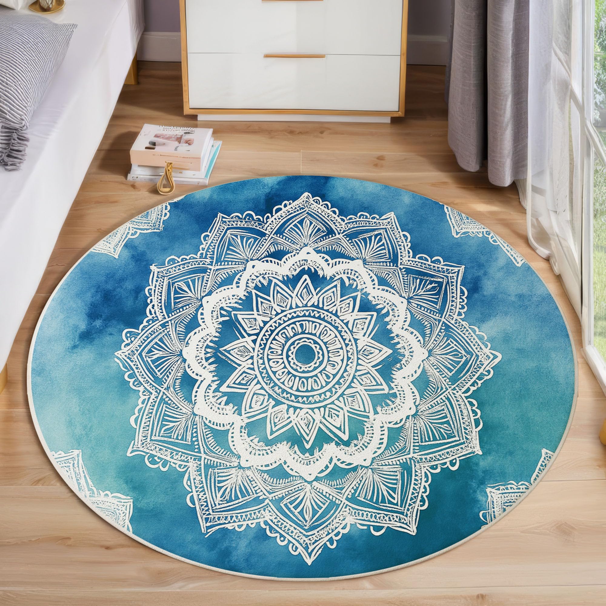 Bohème-Stil Kurzflor Teppich, Spitzen-Mandala Rund Teppich Waschbarer, 100cm rutschfest Carpet Weicher Kreis Teppiche für Kinderzimmer Esszimmer Büro, Blau