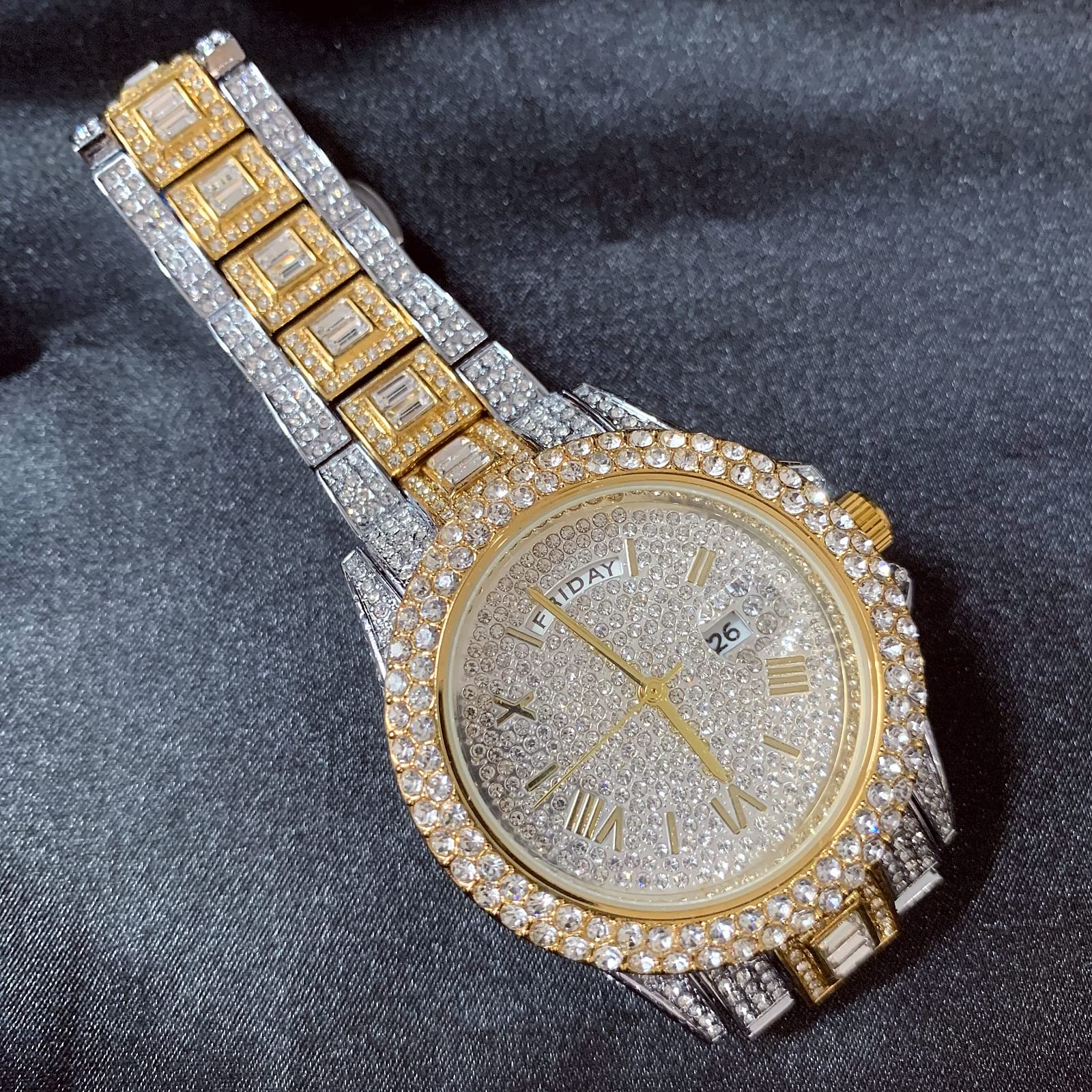 ICEDIAMOND Reloj de cuarzo con doble calendario de 43 mm, esfera redonda chapada en oro con fecha y visualización semanal, reloj de pulsera de diamantes de imitación para hombre, Mezclado, Moda
