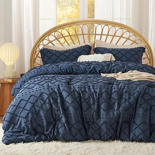 Miniatura 1 de Bedsure Juego de edredón bohemio tamaño King, juego de ropa de cama azul marino desgastado chic para todas las estaciones, juego de cama occidental