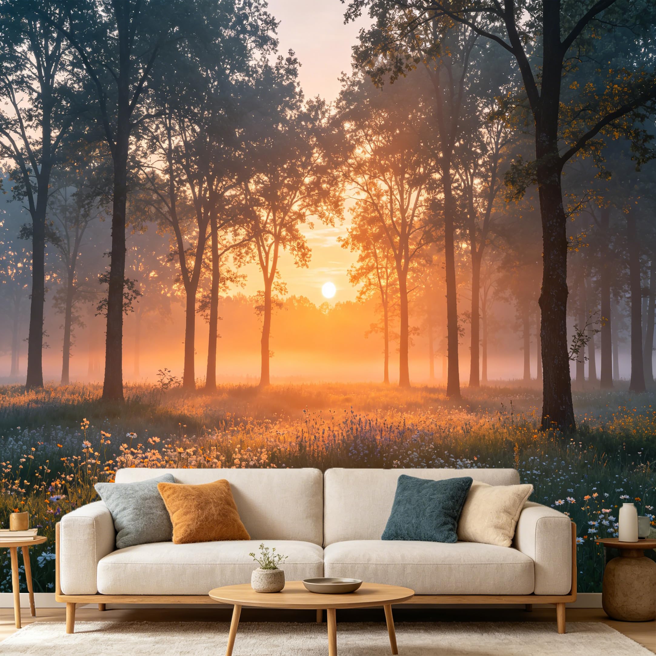 Custom Size Wall Mural Misty Forest Sunrise Wildflowers Landscape SelfAdhesive Art Prints wall Fabric（No PVC） Removable Wallpaper Home Bedroom Decor Nature Wall Art