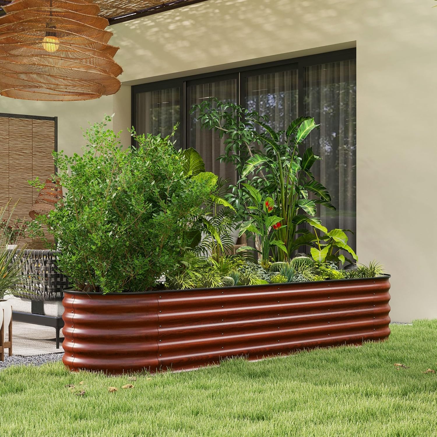 8' x 2' x 1.4' Galvanized Raised Garden Bed Kit, Outdoor Metal Elevated Planter Box with Safety Edging, Easy Stock Tank for Growing Flowers,s & Vegetables, Brown