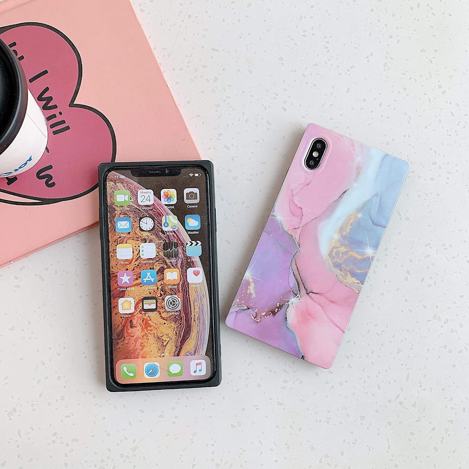 WEDO Compatible with iPhone XR Square Case, Marble Design Soft Bumper Shockproof Durable Pink iPhone XR Cases Cover for Women (Pink Marble)