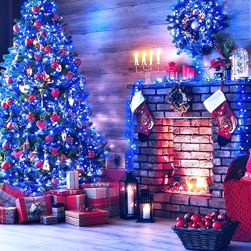 Miniatura 6 de JMEXSUSS 500 luces LED azules de Navidad para exteriores, 173 pies, 8 modos, impermeables, luces de árbol de Navidad, alambre verde, tira de luces