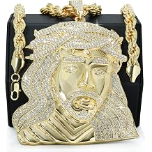Huge JESUS FACE Pendant Curly Hair Fully Iced Diamond Lab | 14k Gold Plated 10mm - 24" & 30" Inch Rope Chain Necklace For Men Big Gold Faux Hip Hop Rapper Kit