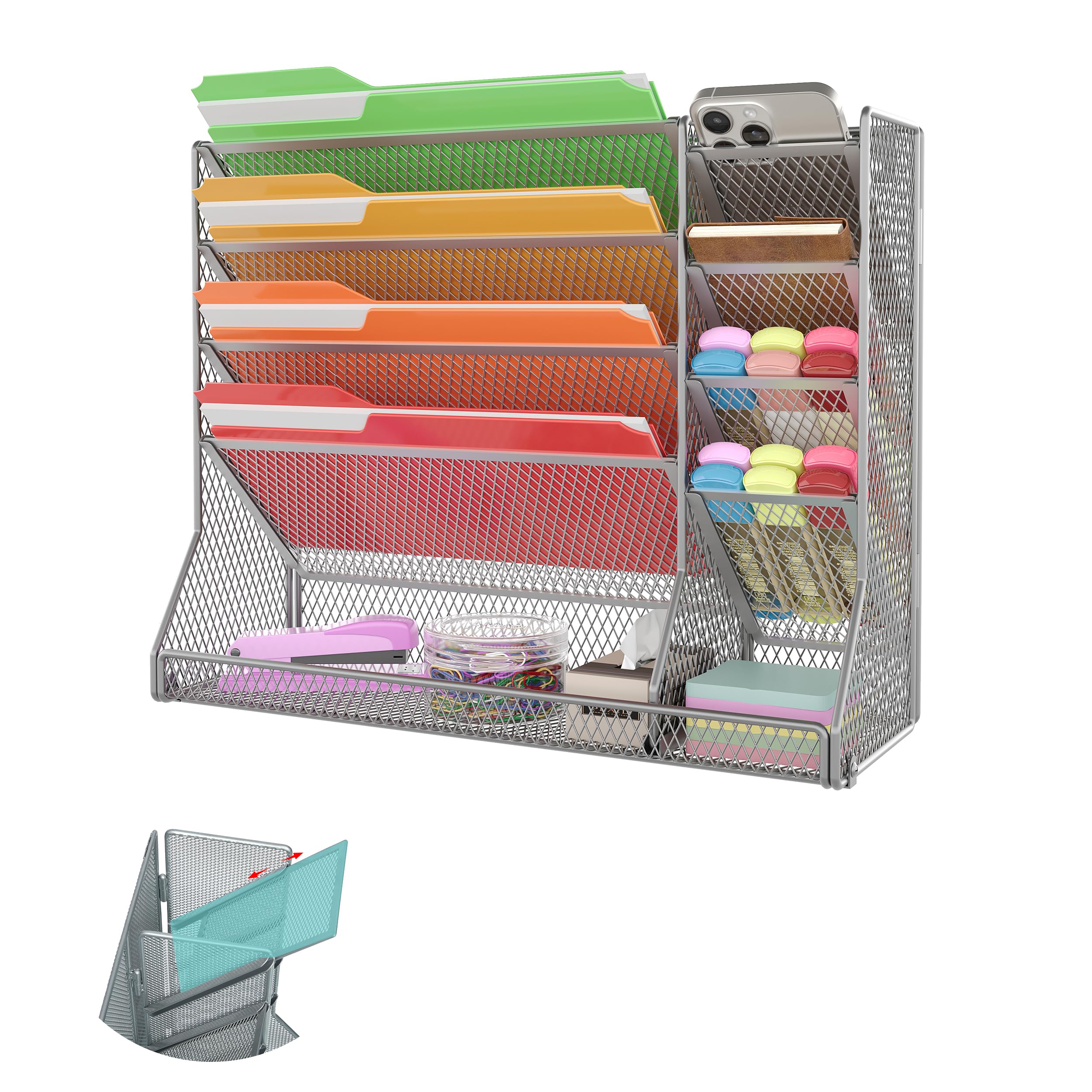 File Organizer Wall Mounted 4 Tiers Durable Adjustable Metal Vertical Hanging with 4 Pen Slots Stable R-Shaped Bottom 4 Pull-Out Devider to Sort File, Mail, Newspaper,Pen, Suitable for Office, Silver