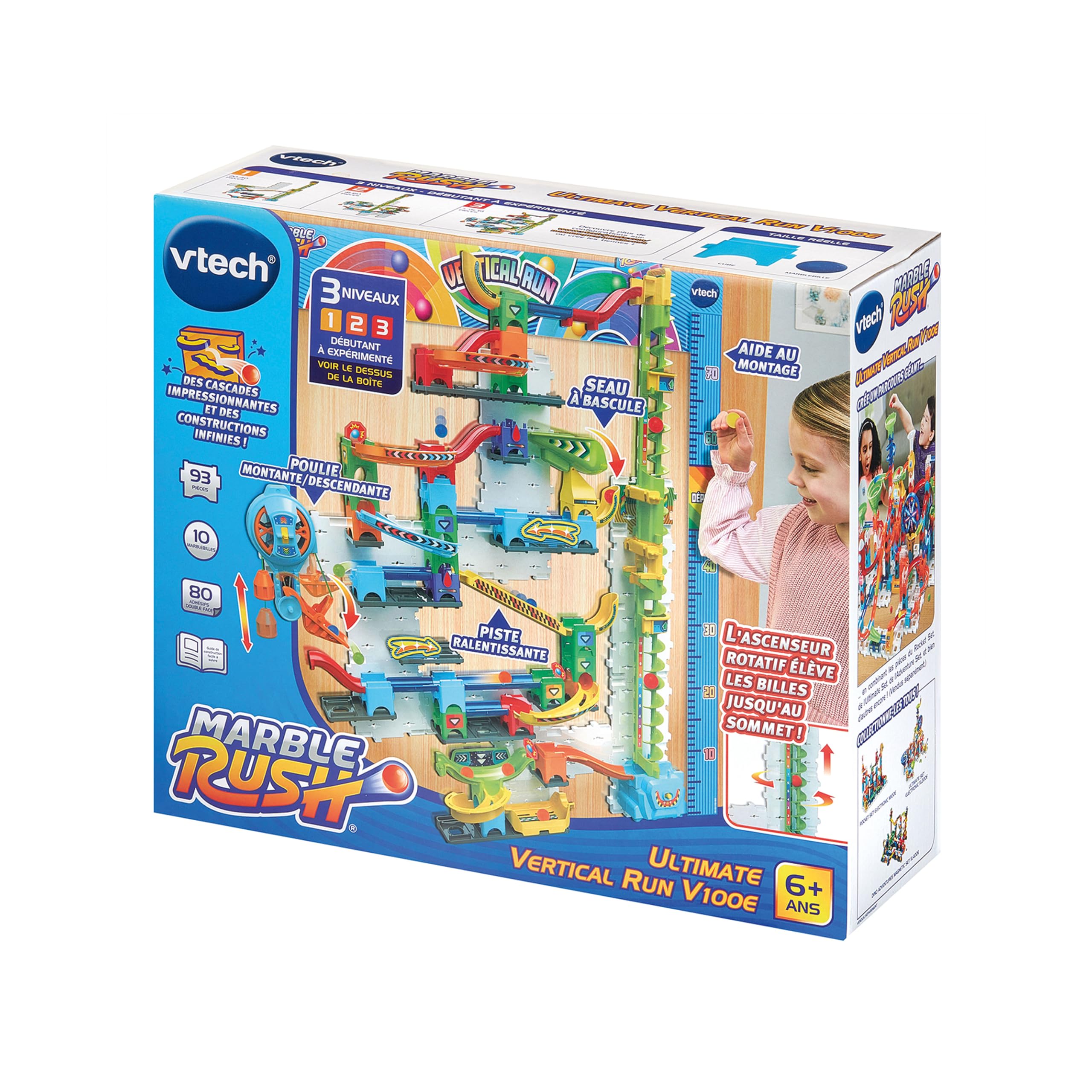 VTech - Marble Rush Ultimate Vertical Run V100E - Circuit à Billes Électronique à la Verticale, 93 Pièces et 10 Billes - Jeu de Construction à Fixer - Cadeau Enfant Dès 6 Ans - Contenu en Français