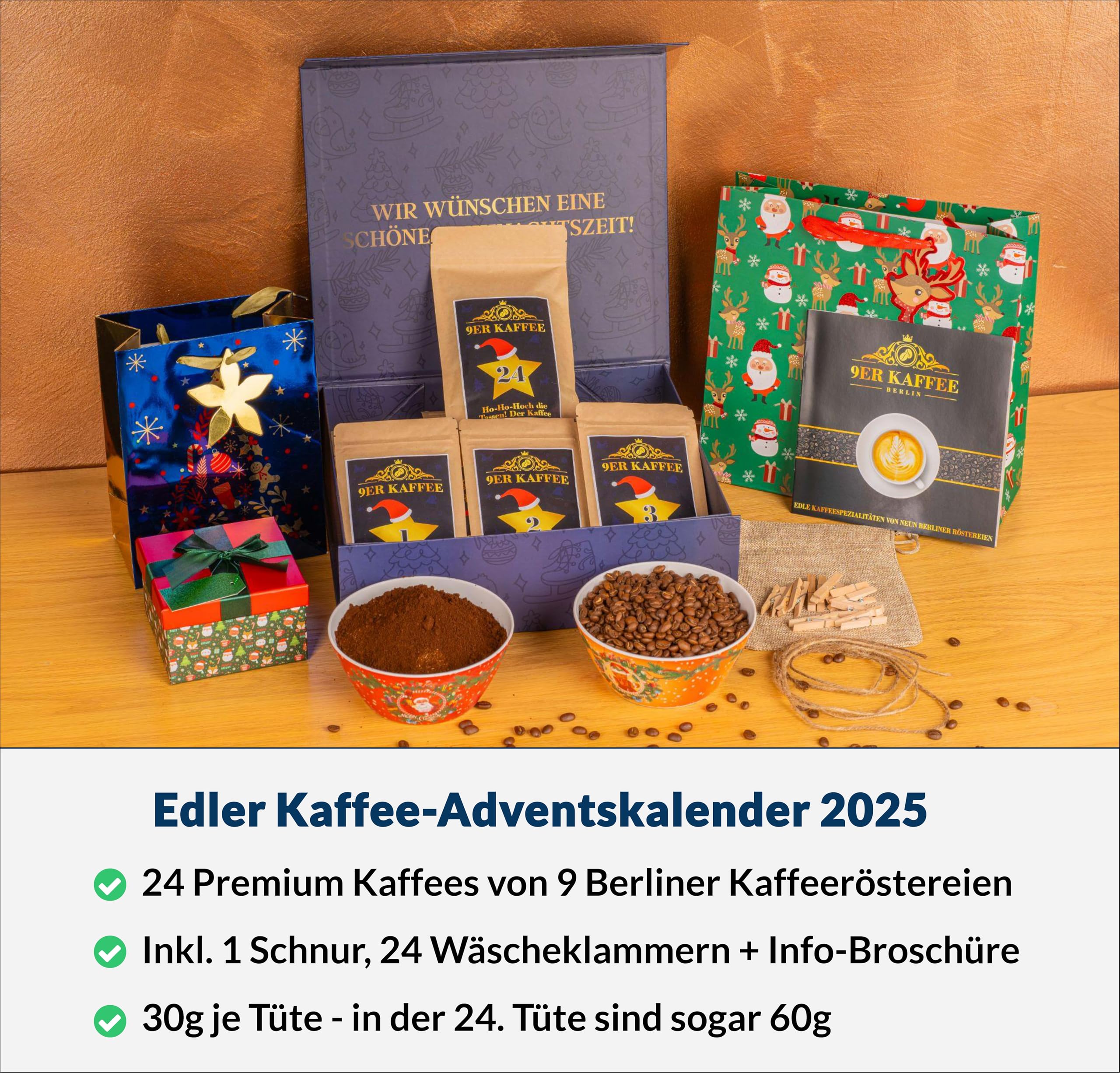 Edler Kaffee Adventskalender 2025 von 9 Berliner Kaffeeröstereien - Weihnachtskalender mit 24 Premium Kaffeespezialitäten | Geschenk-Set für Männer & Frauen | Kaffee Probierset ganze Bohne