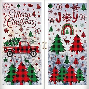 217 PCS Merry Christmas Window Clings, Red Black Green Plaid Christmas Tree Patterned Decorations, Double Sided Snowflake Decals Stickers for Winter Xmas Party Home Indoor Decorations Decor