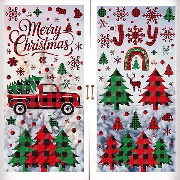 217 PCS Merry Christmas Window Clings, Red Black Green Plaid Christmas Tree Patterned Decorations, Double Sided Snowflake Decals Stickers for Winter Xmas Party Home Indoor Decorations Decor
