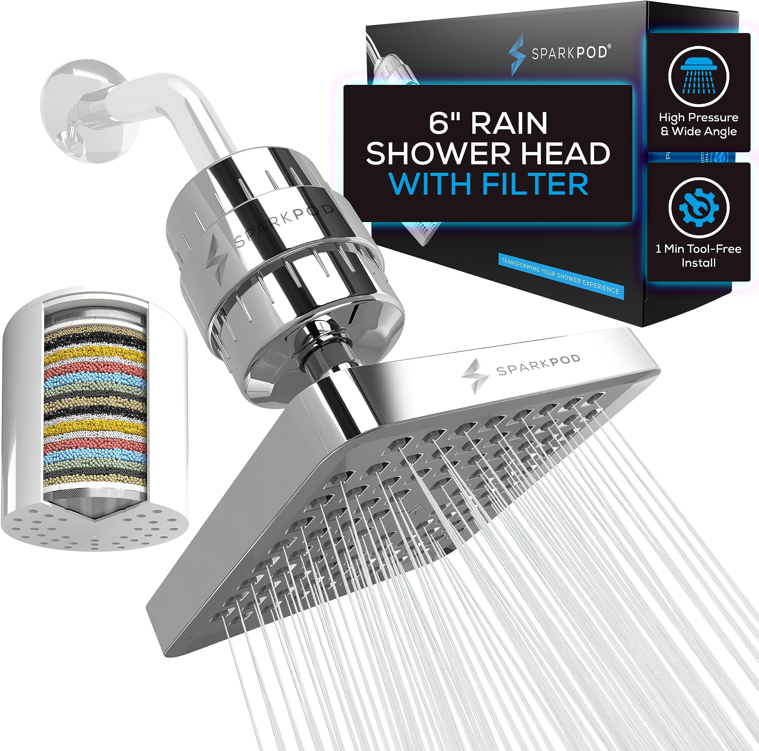 Luxury Filtered Shower Head Set 23 Stage Shower Filter - Reduces Chlorine and Heavy Metals - High Pressure Showerhead Filter (6" Square, Luxury Polished Chrome)