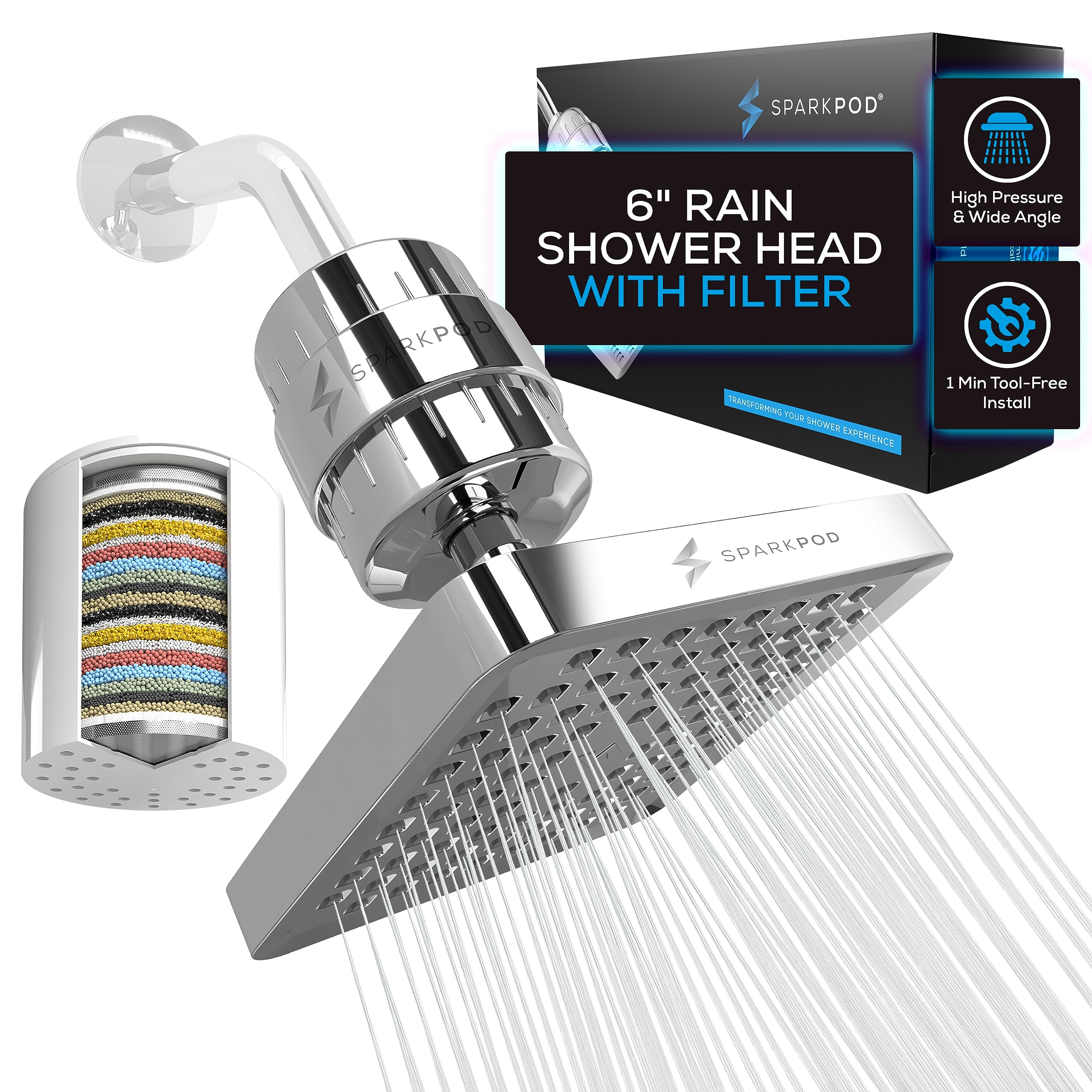 SparkPod Luxury Filtered Shower Head Set 23 Stage Shower Filter - Reduces Chlorine and Heavy Metals - High Pressure Showerhead Filter (6" Square, Luxury Polished Chrome)
