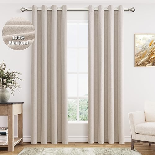 Miniatura 24 de Cream Linen Blackout Curtains 96 Length 2 Panels Set for Living Room Bedroom, 100% Black Out Thermal Insulated Linen Drapes, Room Darkening Grommet