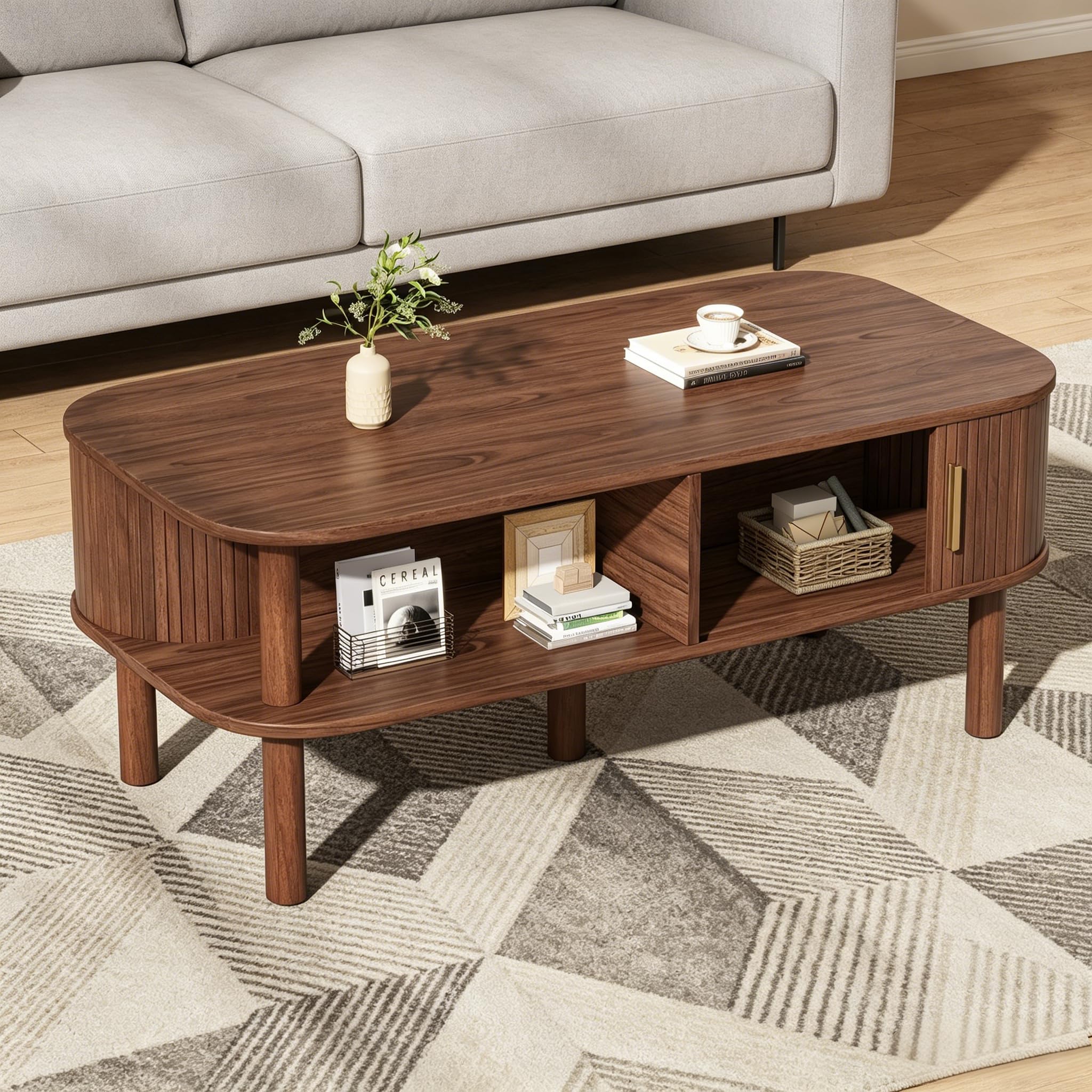 Couchtisch 110x55x45cm aus MDF, Skandinavischer, Rolltor, offene Fächer, Stauraum, belastbar 60 kg, Walnussholzfarbe