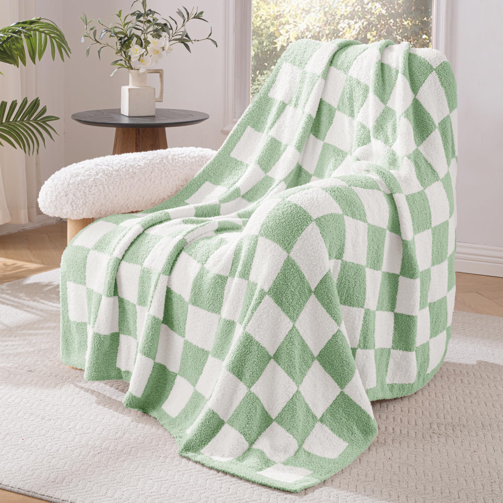 Exclusivo Mezcla Karierte Decke, Weiche Gestrickte Kuscheldecke, Kuschelige Karo Fleecedecke, Leichte Flauschige Decke für Sofa und Bett, 130x150 cm, Salbeigrün