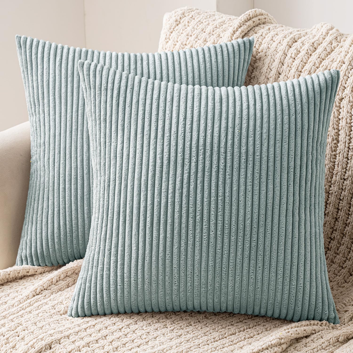 MIULEE 2er Set Kissenbezüge Kord Kissenhülle Dekorative Kissenbezug Sofakissen Couchkissen Dekokissen Zierkissenbezug Deko Kissenhülle mit Verstecktem Reißverschluss 40x40 cm Blauweiß