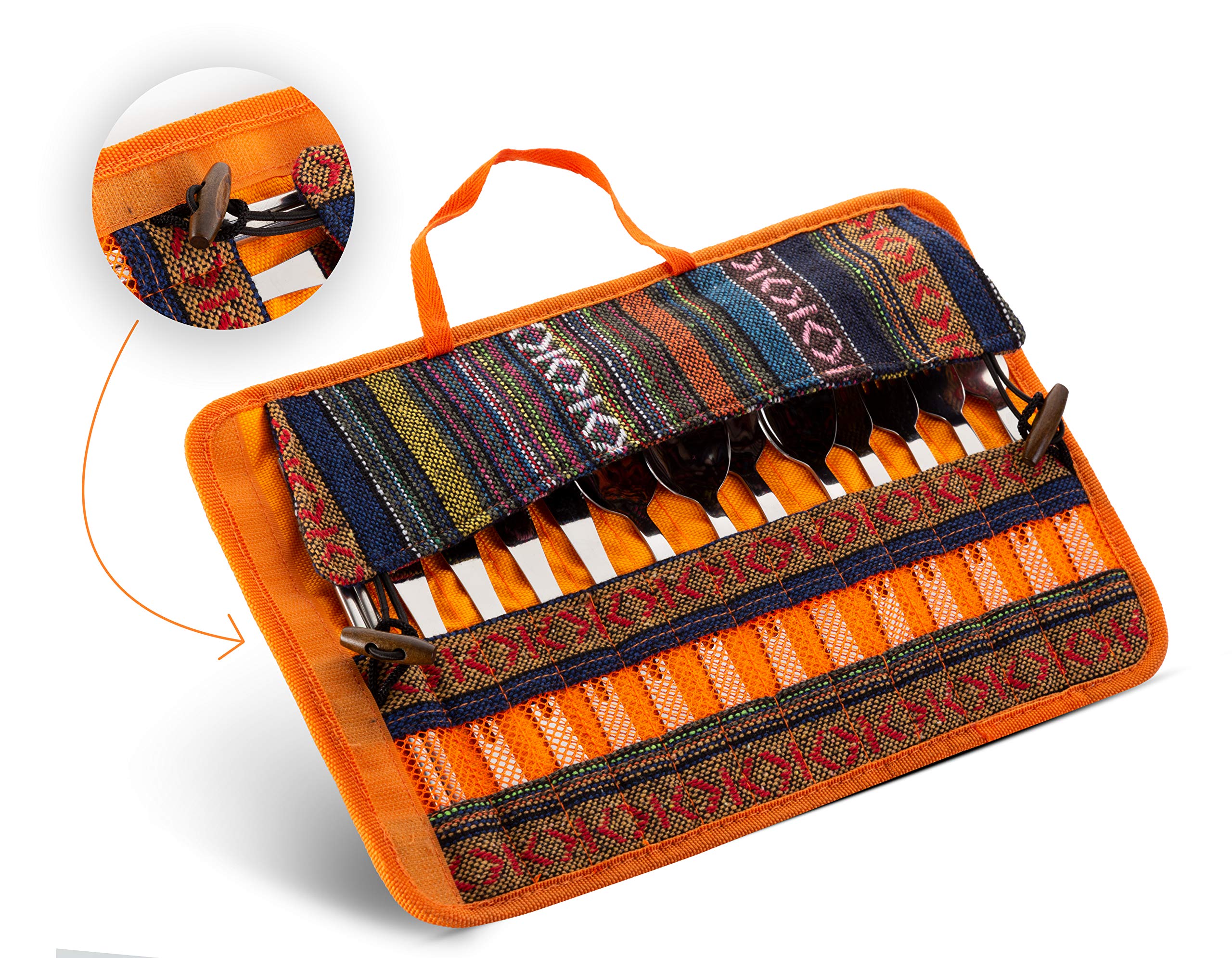 Set da viaggio per posate e utensili, 13 pezzi, espositore per posate, in cotone e lino, con manico per escursionismo, picnic, barbecue, forchette cucchiai, coltelli e bacchette