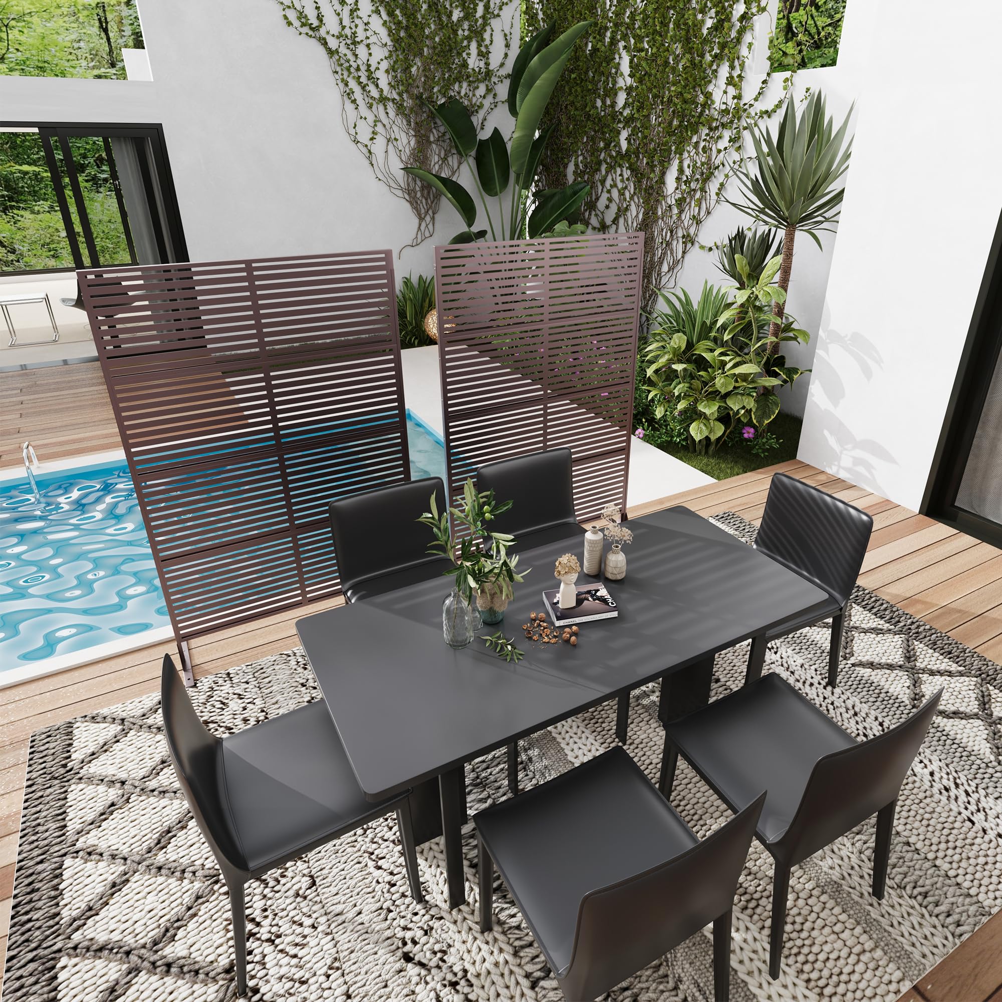 Sichtschutz Metall, Freistehender Paravent 180x120 cm, Wetterfester Sichtschutz Für Garten Terrasse Balkon Outdoor Deko, Raumteiler Mit Ständer, Verzinkter Stahl, Horizontalstreifen Braun