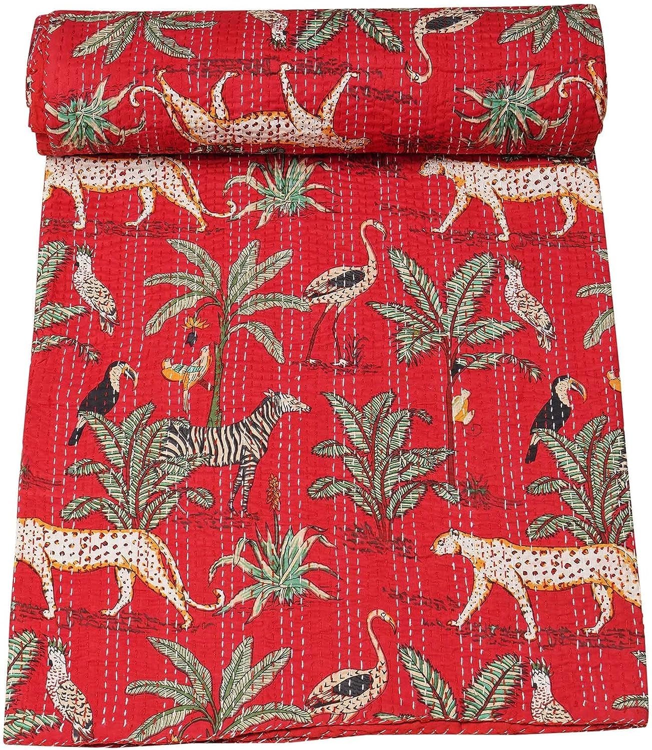 Cotton Hand Kantha Quilted Quilt Bedspread Gudari Bedding Quilt Double Bed Cover Comforter Ralli Boho Blanket (Red)-image-33