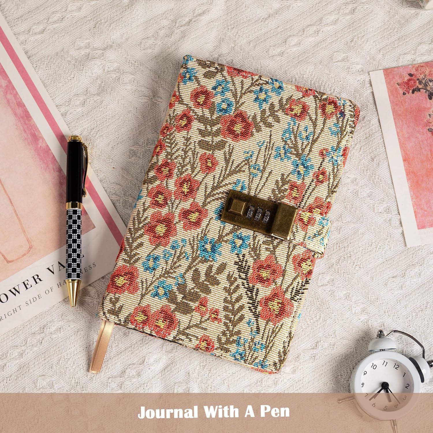 TIEFOSSI Embroidered Diary with Lock, Lined Lock journal for Women Men, Aesthetic Journal with Pen, Hardcover Journal for Journaling Writing Planning, 100 GSM Thick Paper, 224 Numbered Pages