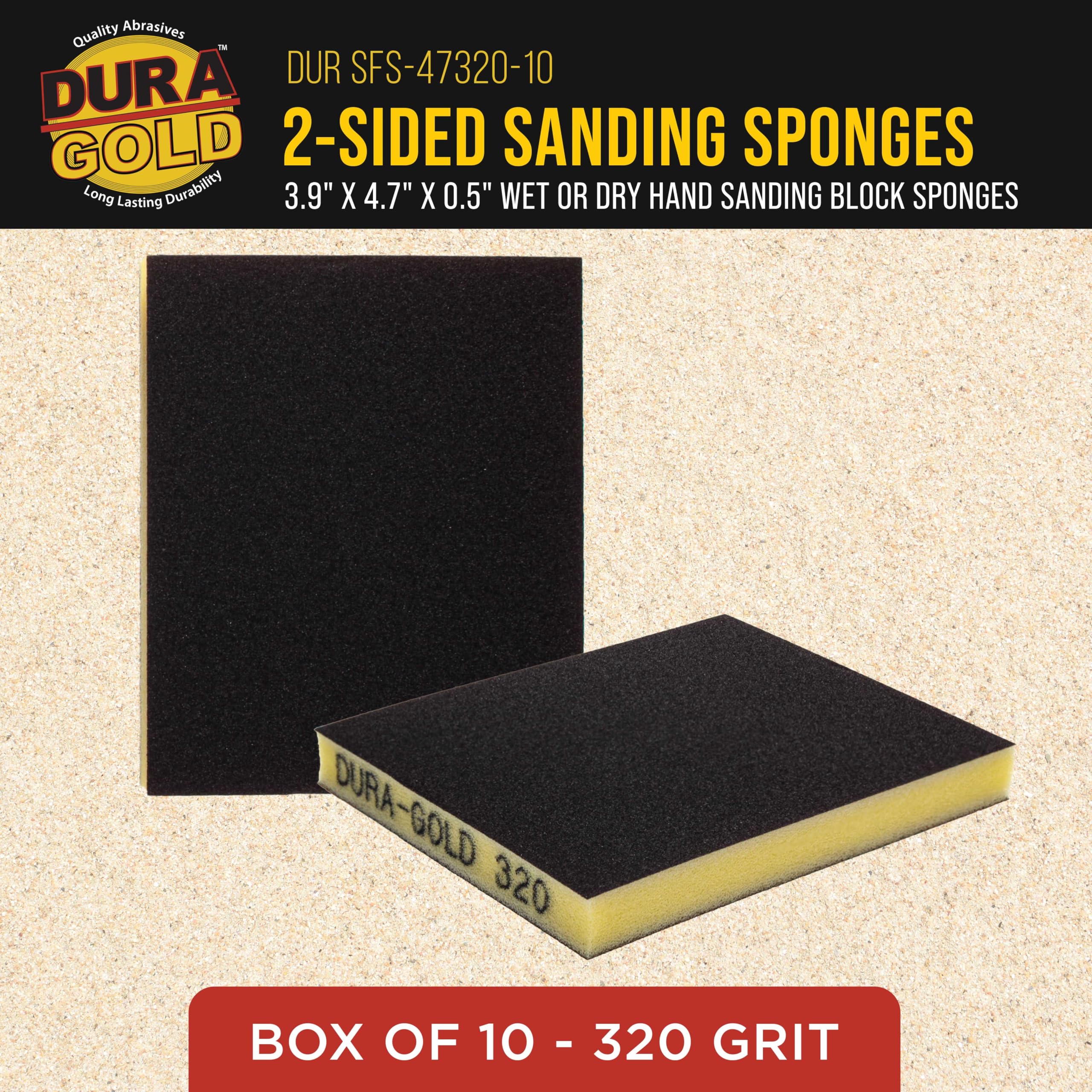 Dura-Gold Esponjas de lijado de doble cara de grano 320, caja de 10 – Performance Flex 4.7 x 3.9 pulgadas, esponjas de papel de lija flexibles en húmedo o seco, almohadilla de bloque abrasivo de