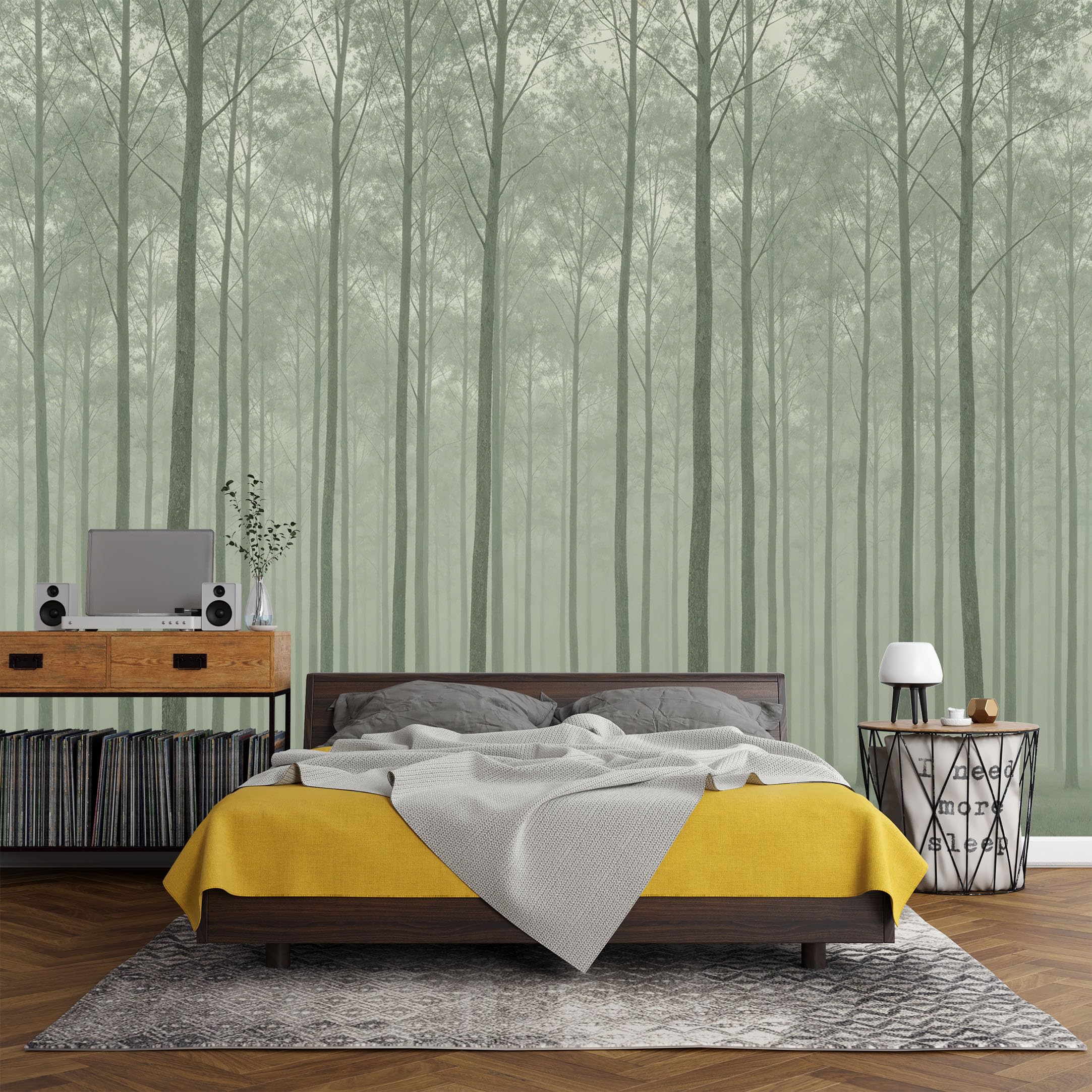 Custom Size Wall Mural， Forest Fog Pine Trees Landscape Misty Woodland，SelfAdhesive Art Prints wall Fabric (No PVC) Removable Wallpaper Living Room Decor