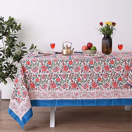 Miniatura 25 de Hand Block Printed Cotton Tablecloth – Elegant Floral Design Perfect for Dining Table Kitchen Parties Home Decor, Wall Tapestry (Peach Floral, 6