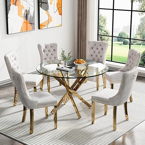 Vista 14 de Juego de comedor cuadrado moderno dorado de 36 pulgadas, mesa de cristal de 5 piezas y 4 sillas tapizadas de terciopelo Mesa y 4 Sillas Beige,Mesa