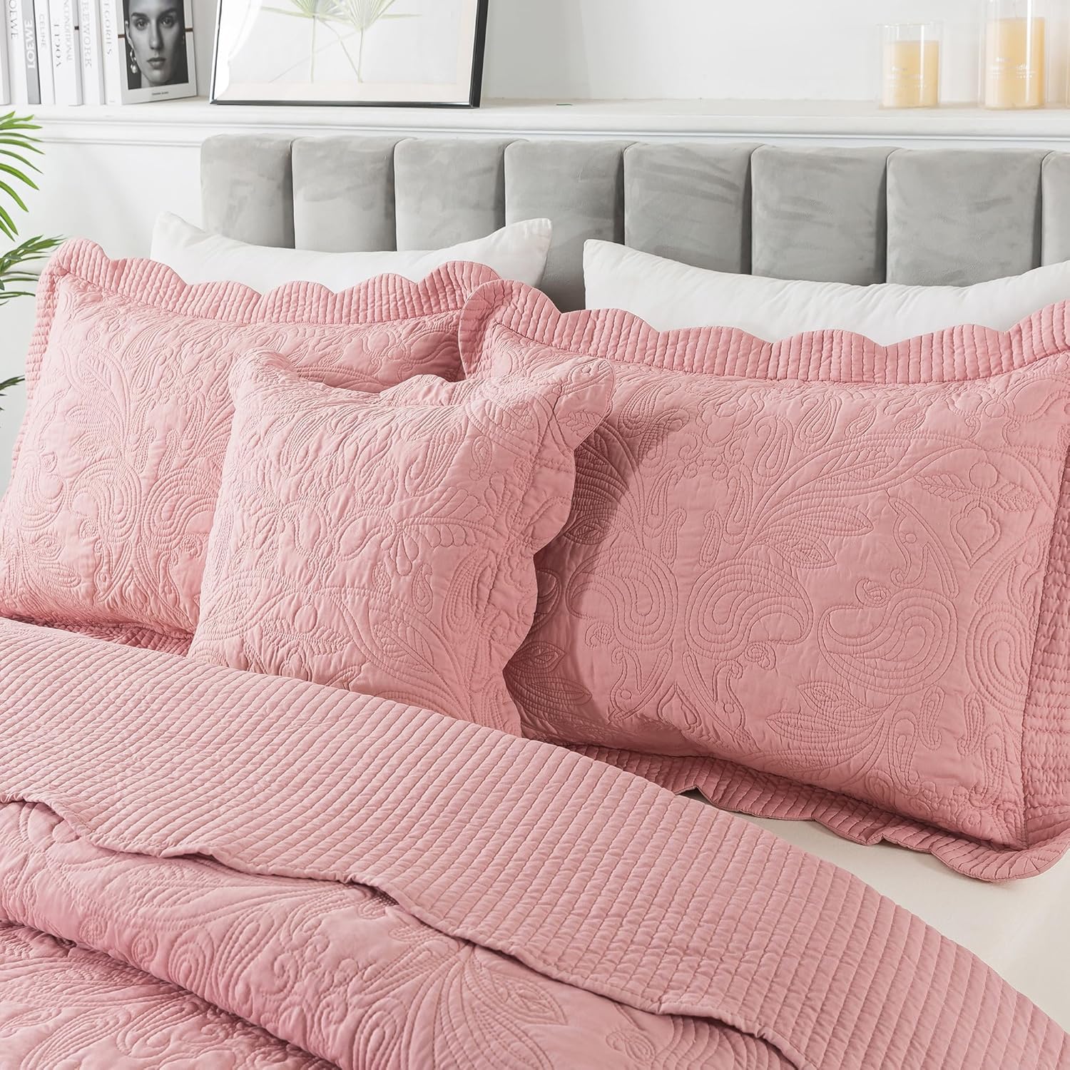 HoneiLife California King Quilt - Oversized King Bedspreads 128x120, 4-Piece Cal King Quilt Sets,Rustic Bedding Sets King Size,Reversible Coverlets Lightweight Bed Cover for All Season Use-Pink - Image 9