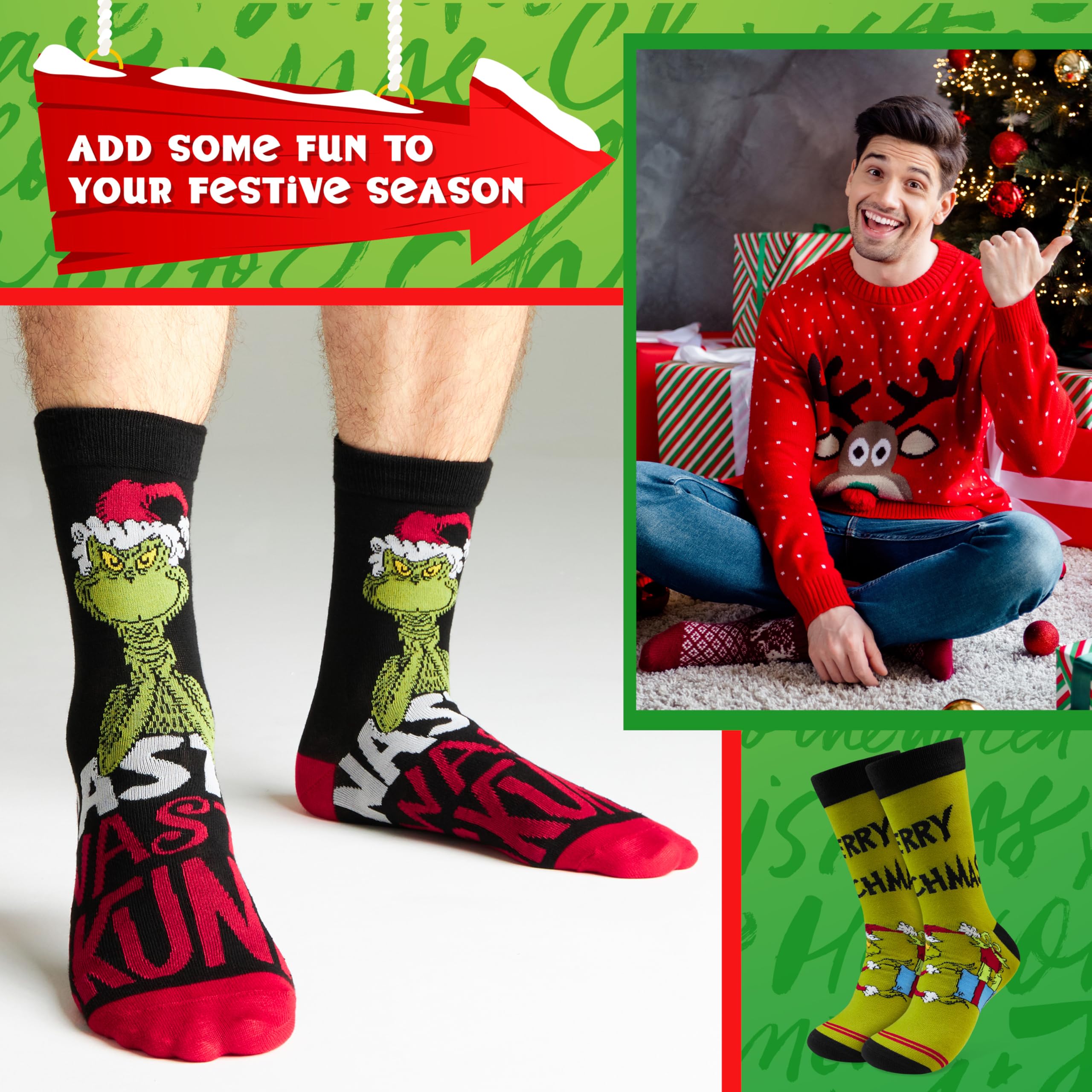 The Grinch Chaussettes Homme EU 40-45, Multipack Chaussettes Rigolotes, Semelle Antidérapante, Cosy Idee Cadeau Homme