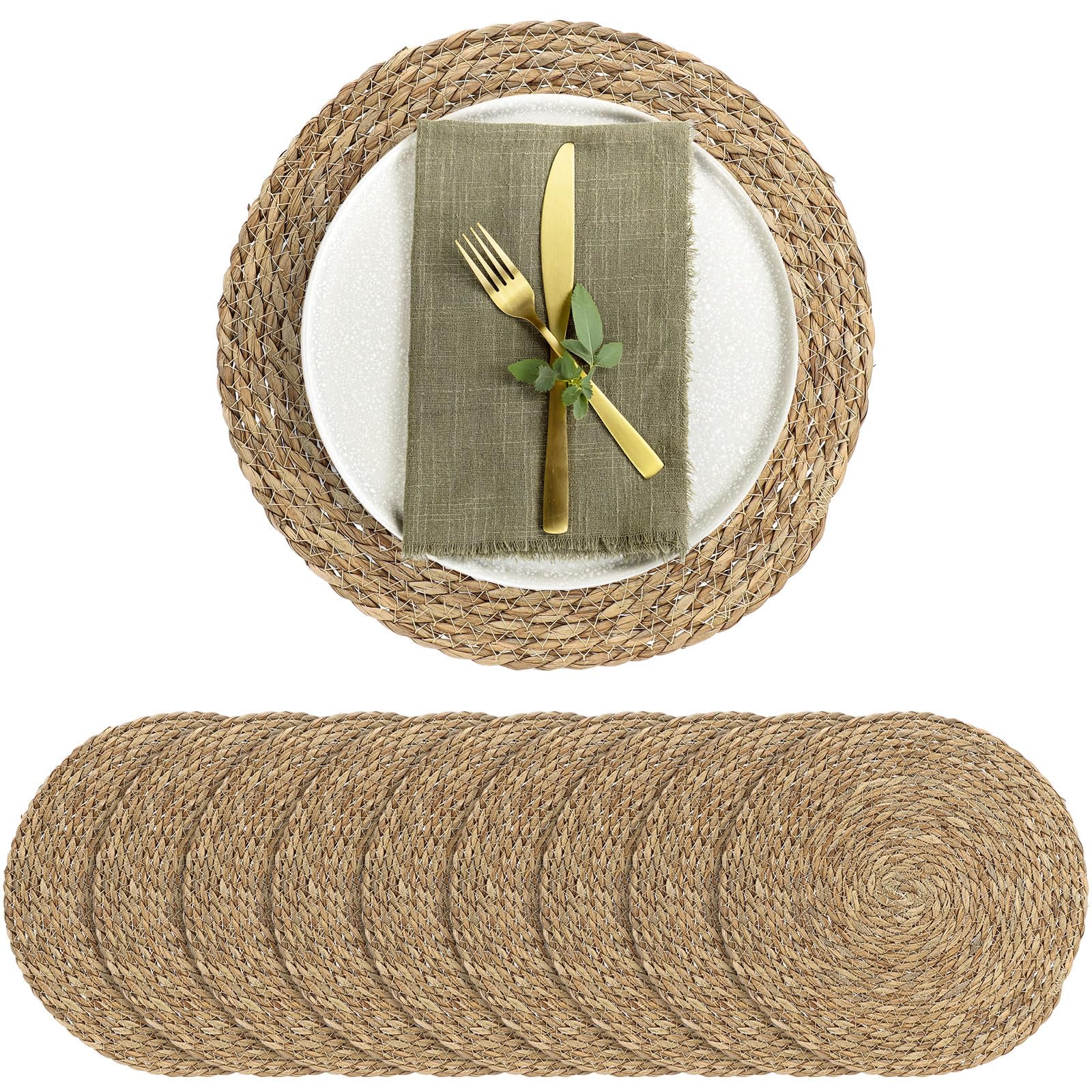 Lot de 10 Napperons Ronds Tissés en Jacinthe d'eau, 33cm - Set de Table Naturel Résistant à la Chaleur, Style Rattan pour Cuisine, Mariage, Fêtes et Décoration de Table