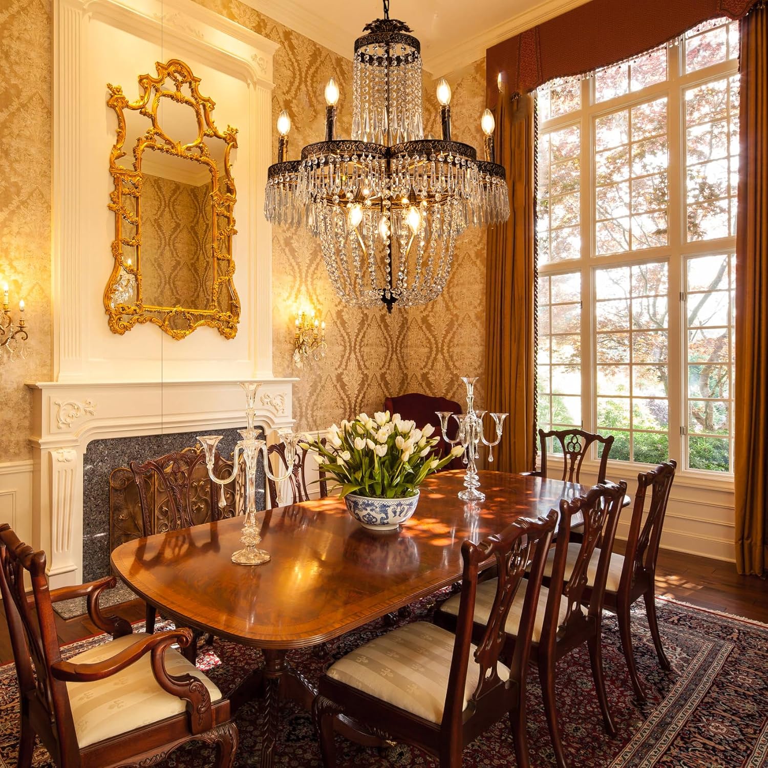 TOCHIC Crystal Chandelier for Dining Room, 25" French Empire Crystal Chandeliers for Bedroom, Rustic Farmhouse Chandelier Kitchen Island Light Fixture, Antique Bronze Chandelier for Living Room Foyer