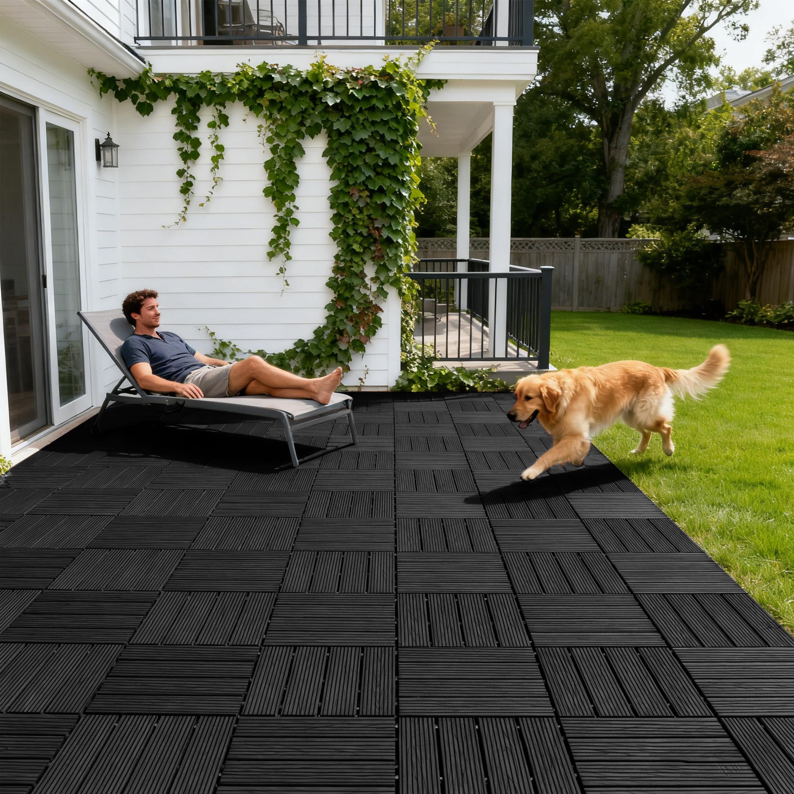 Relaxdays WPC Fliesen 11 Stück, 30x30, Balkonfliesen wetterfest, Terrassenplatten Klicksystem, 1m², Holzoptik, anthrazit