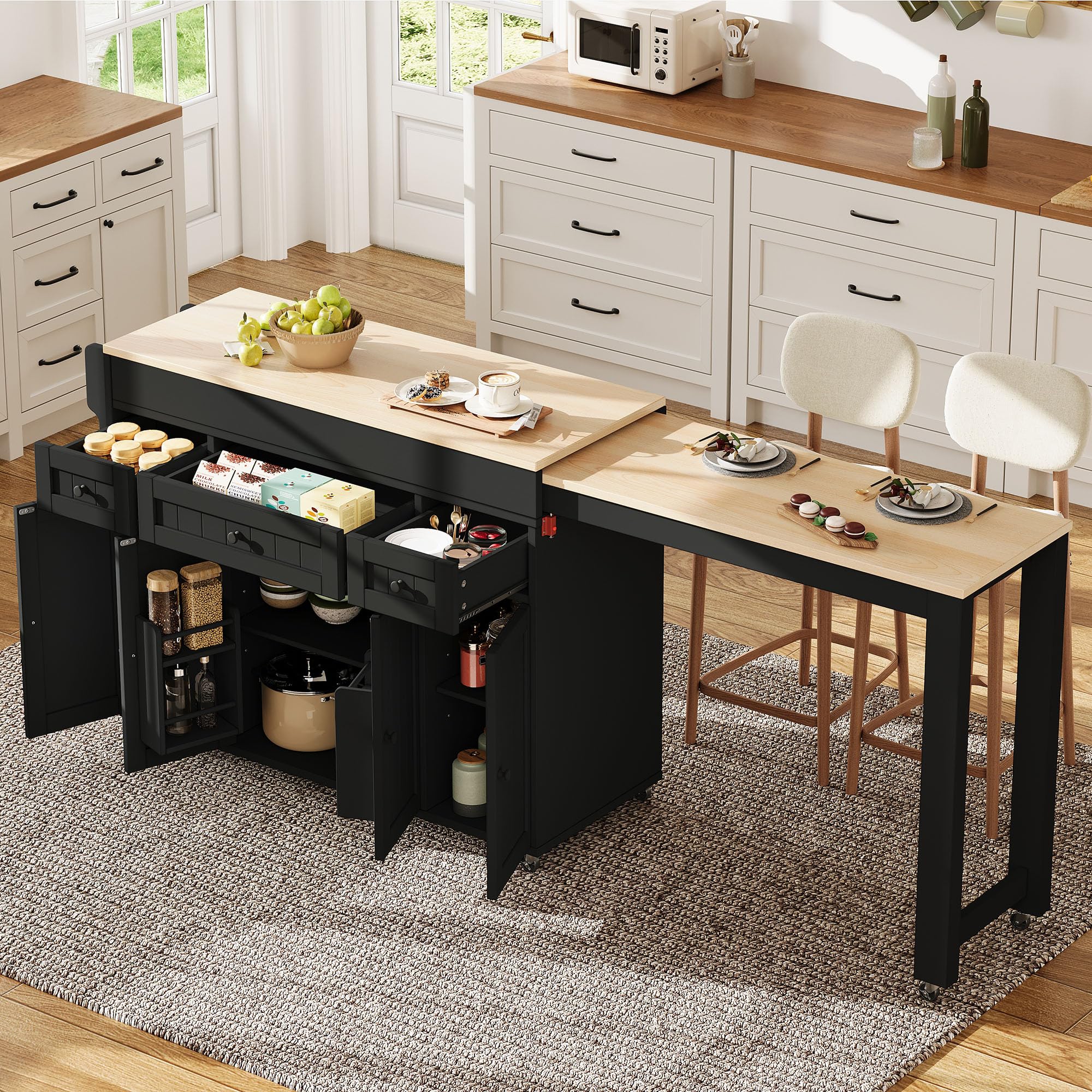 Isola da cucina mobile, tavolo da pranzo allungabile, isola da cucina con portaspezie e cassetti, isola da cucina mobile autoportante, ideale per cucina e sala da pranzo, nero